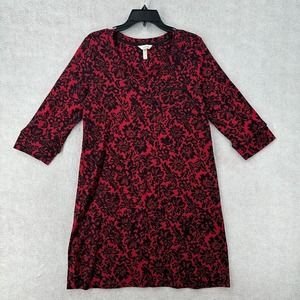 Soma Dress MEDIUM Floral 3/4 Sleeve Knee‎ Length Jersey Knit Stretch Red Black